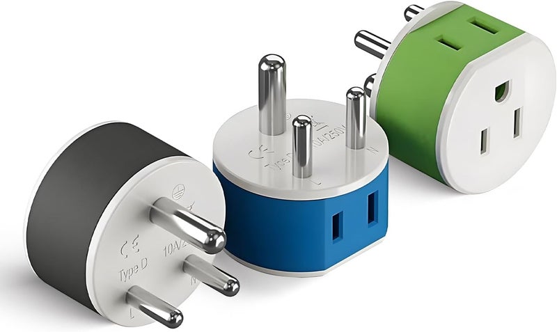 OREI India, Nepal, Maldives Power Plug Adapter with 2 USA Inputs - Travel 3 Pack - Type D (US-10) Safe Grounded Use with Cell Phones, Laptop, Camera Chargers, CPAP, and More - Image 1